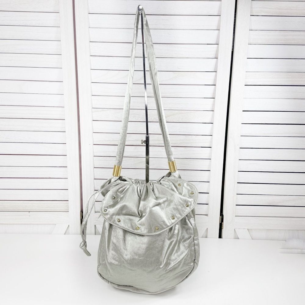 Lily Y2K Satin Studded Drawstring Hobo Pouch Bag Sage Green Silver Gold